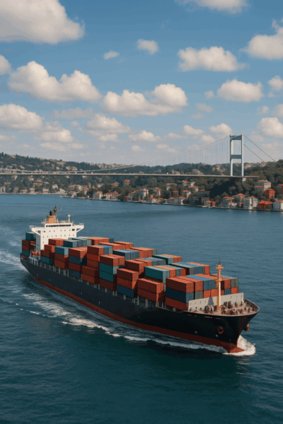 A large container ship sailing through the Bosphorus in Istanbul, symbolizing Turkey’s strategic position between Europe and Asia and its growing role in global sourcing and trade.