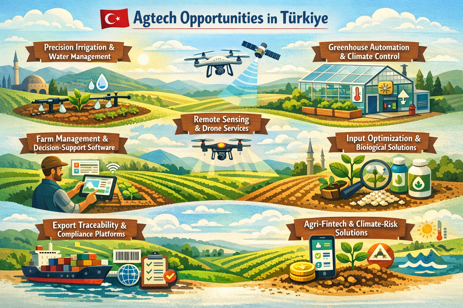 Agtech Opportunities in Türkiye: A Visual Overview Illustrated infographic of agtech opportunities in Türkiye, showing seven key segments across a rolling agricultural landscape: precision irrigation and water management, greenhouse automation and climate control, remote sensing and drone services, farm management and decision-support software, input optimization and biological solutions, export traceability and compliance platforms, and agri-fintech and climate-risk solutions.