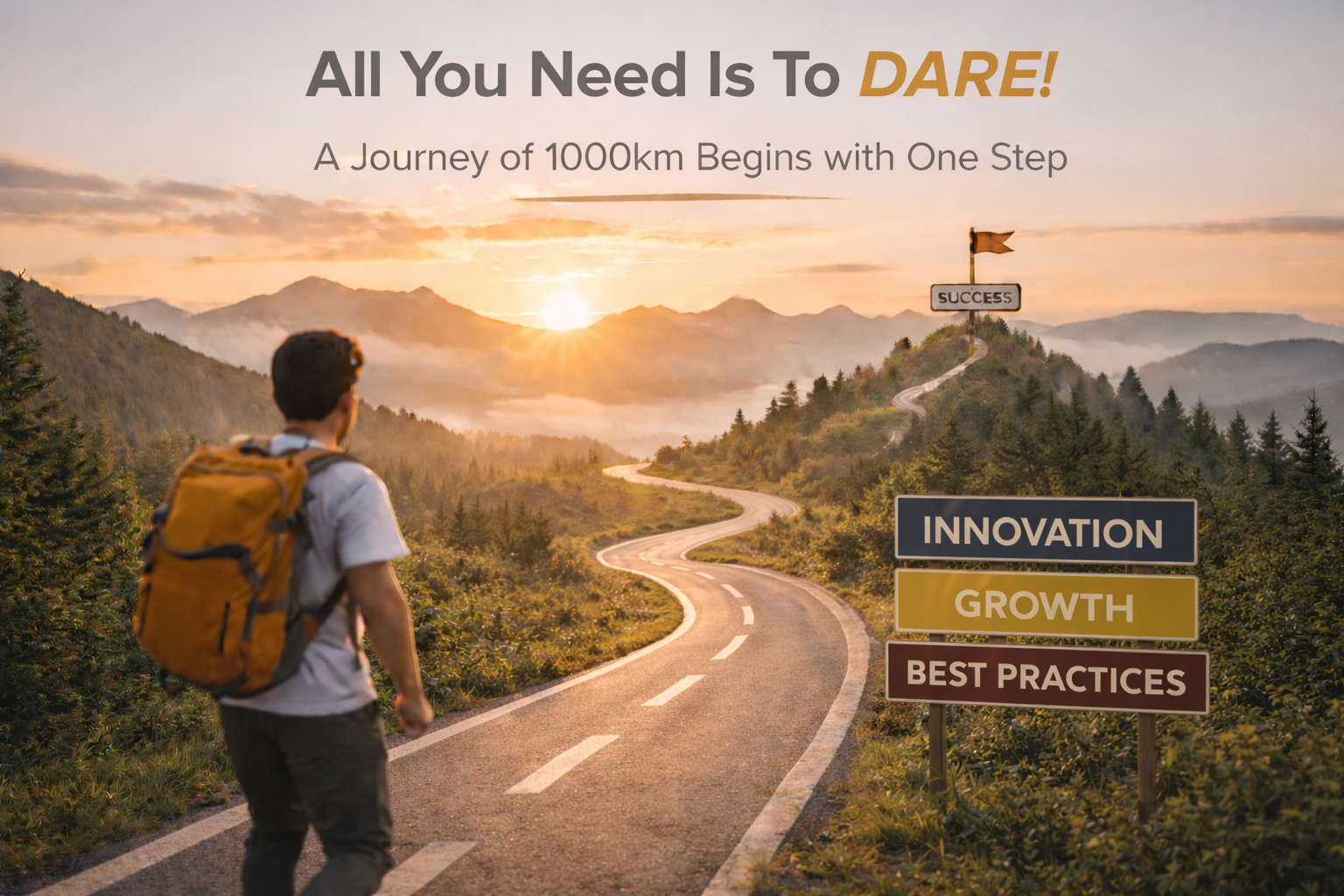 All You Need Is To DARE — The D.A.R.E.D Journey by Wukong Consulting Entrepreneur standing at the start of a winding road toward success, representing the D.A.R.E.D Journey international expansion methodology by Wukong Consulting