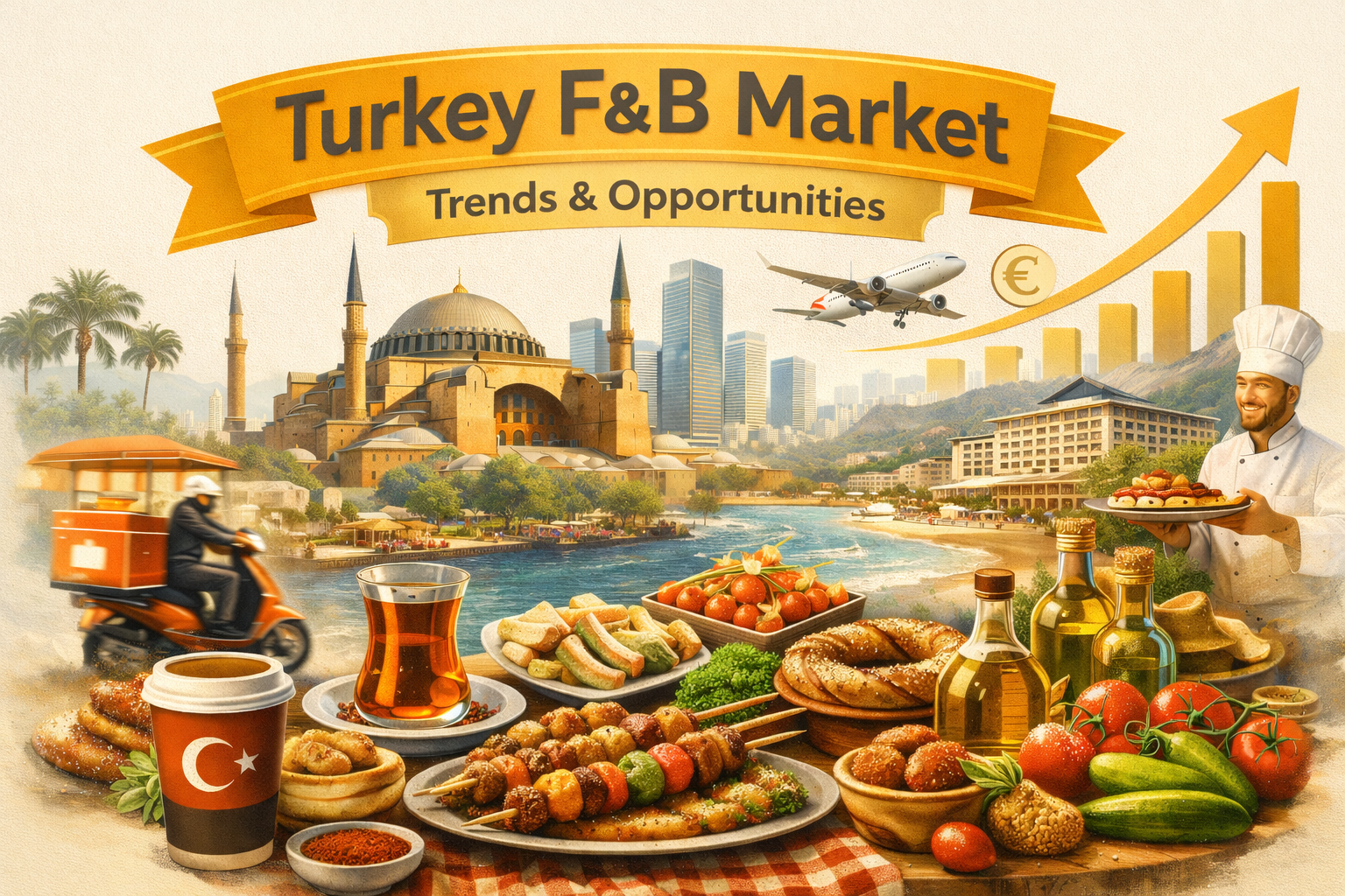 Turkey F&B Market Trends and Opportunities – Turkish Food & Beverage Industry Overview Illustration of the Turkish food and beverage market showing Istanbul skyline, Turkish cuisine, food delivery, tourism, and growth indicators representing trends and opportunities in Turkey’s F&B sector.