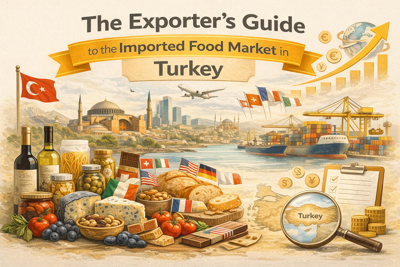 Exporter’s Guide to the Imported Food Market in Turkey – Opportunities and Market Entry Insights Illustration of imported foods, global trade logistics, and Istanbul skyline representing export opportunities and distribution channels in the Turkish imported food market.