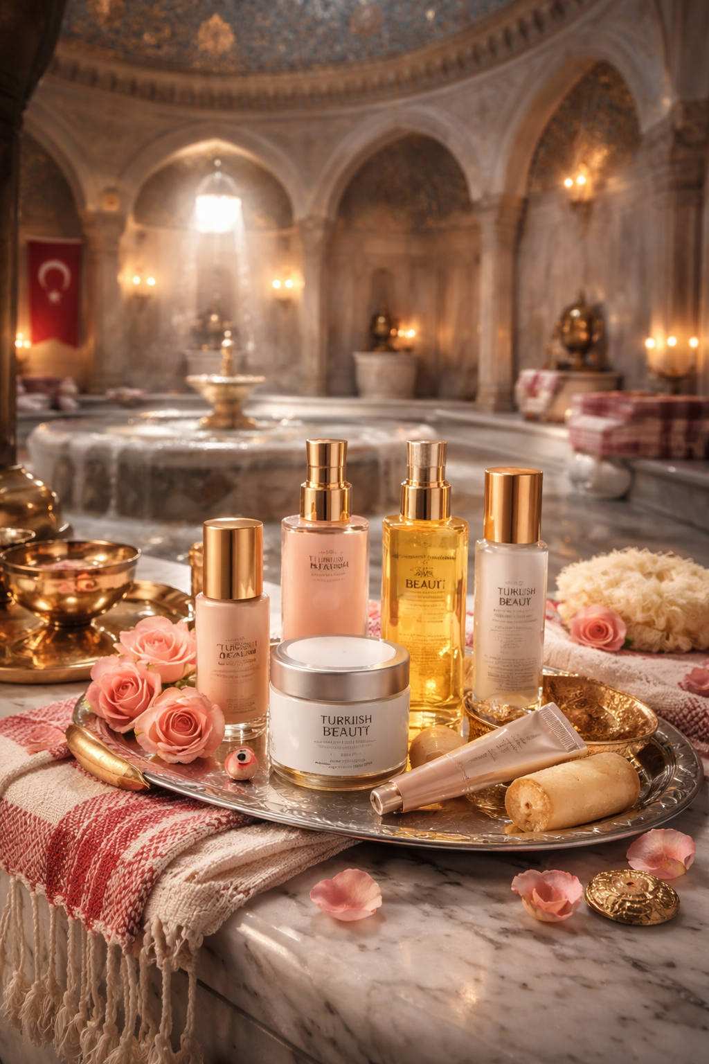 Turkish Beauty — Cosmetics in a Traditional Hammam Setting Cosmetics products displayed on a marble surface in a traditional Turkish hammam, with roses, a pestemal towel and gold accessories